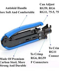 Coaxial Cable Crimping Pliers Set For RG6 RG59 RG11 F Connectors with blue ergonomic handle and adjustable head.