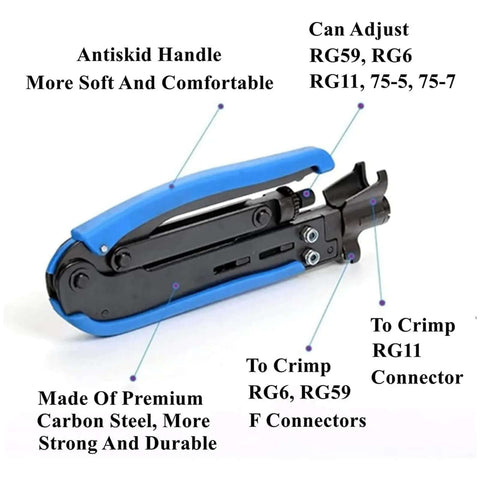 Coaxial Cable Crimping Pliers Set For RG6 RG59 RG11 F Connectors with blue ergonomic handle and adjustable head.