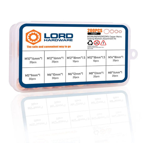 Copper Crush Washer Kit With 9 Sizes M5 M6 M8 M10 M12 M14 200 Pcs In A Sturdy Storage Case by LordHardware, view of storage case.