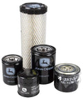 OEM Filter Kit LVA21128 for 3032E 3036E and 3038E tractors showing five filters including engine oil, air, fuel, and hydraulic filters
