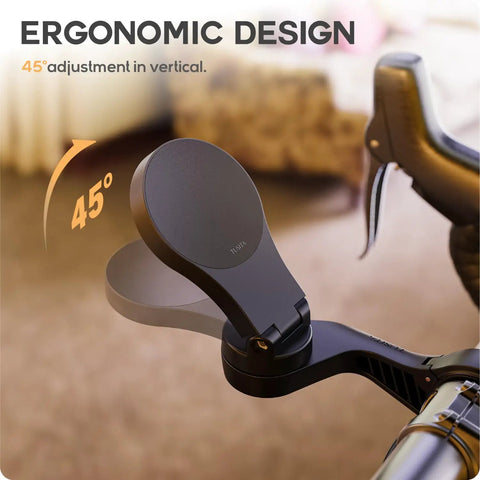 MagSafe Phone Mount Adapter for Indoor Spin Sessions with 45 degree tilt on a Wahoo bike handlebar, showing ergonomic design.