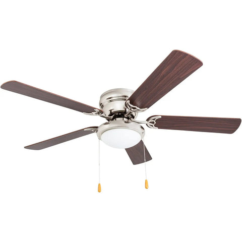 52 Inch Hugger Ceiling Fan With Bowl Light Kit In Brushed Nickel, Low Profile 11.5 Inch Drop, 5 Dual Finish Blades In Walnut And Chocolate