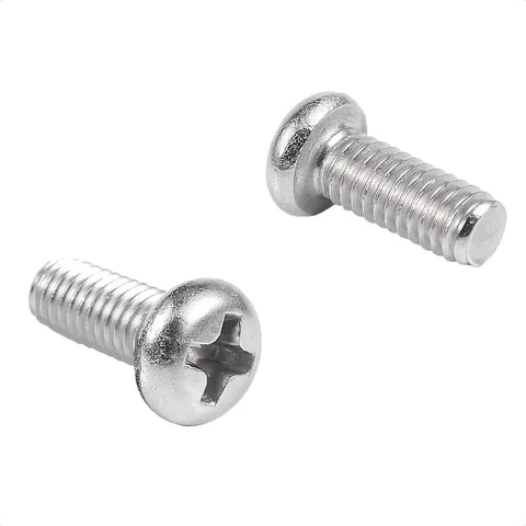 Kickass M4 X 10mm Phillips Head Stainless Steel Machine Screws Rust Resistant Heavy Duty Hardware Fasteners Top Shelf Silver Finish Pack Of 10 For Shop Projects close-up of two screws with Phillips heads.