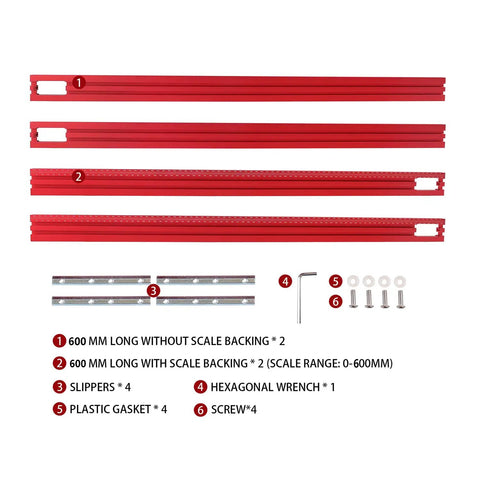 Heavy Duty Adjustable Router Jig For Cutting Boards parts including red aluminum rails and accessories for precision cuts.