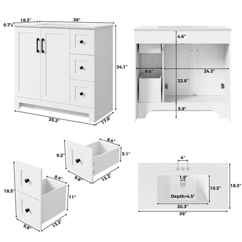 Dimensions and design layout of Modern 36 Inch Bathroom Vanity With Integrated Sink And Effortless Soft Close Drawers White Engineered Wood Cabinet.