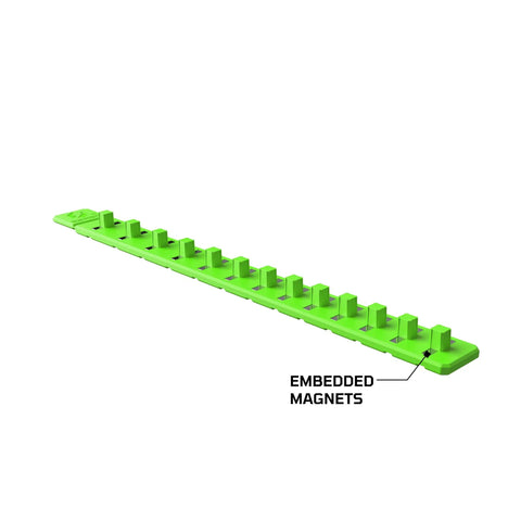 Tough As Nails Flexible Magnetic Socket Holder Rail That Bends Any Which Way And Locks Your 1/4 Inch Drives Tight To Steel Tops For Sweet Garage Organization In Bright Green