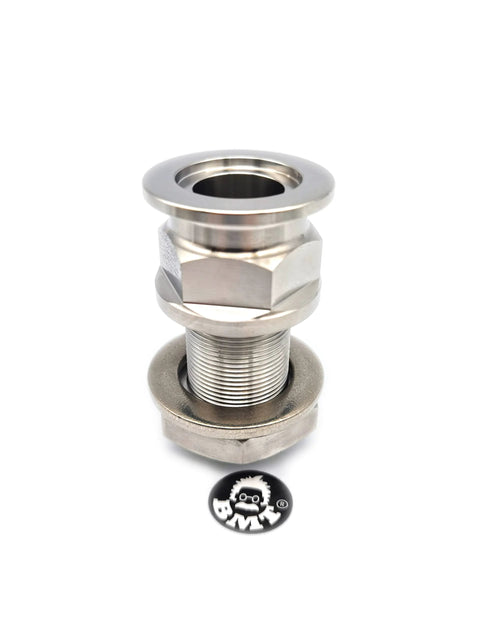 Front view of stainless steel 1-inch baseplate feedthrough bulkhead to KF25 flange adapter
