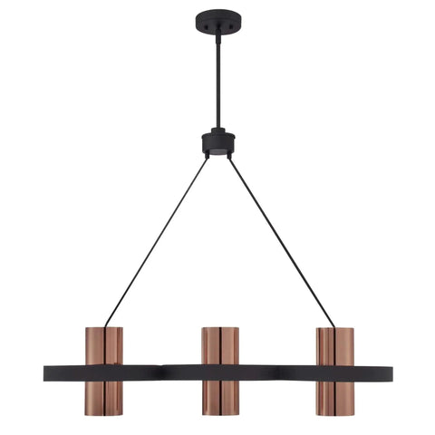 Ariana Three-Light Indoor Chandelier With Matte Black Finish And Copper Shades, great for modern dining or kitchen lighting.