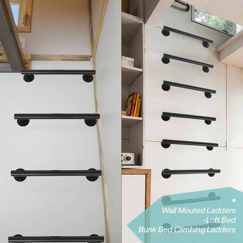 Black Metal Stair Railing Kit Heavy Duty Indoor Outdoor Wall Mounted Handrail For Garage Basement Porch Steps And Deck Safe Grab Bar For Elderly And Everyday Use Sturdy As Heck shown as wall-mounted loft bed climbing ladder in bedroom.