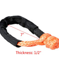 Close-up of orange synthetic soft shackle rope with protective sleeve, 7 inches length, 1/2 inch thickness, 38,000 lbs capacity.