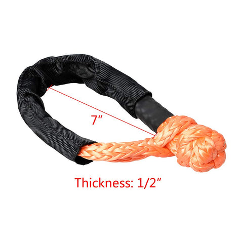Close-up of orange synthetic soft shackle rope with protective sleeve, 7 inches length, 1/2 inch thickness, 38,000 lbs capacity.