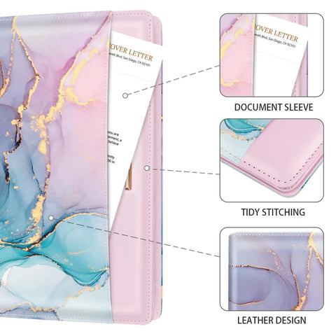 Padfolio For Women And Men With Clipboard Boss Style Cute Chic Resume Portfolio Folder Conference And Legal Document Organizer A4 And Letter Size 4 Card Holders Document Sleeve Pen Loop Pink Blue Gold showcasing document sleeve and tidy stitching with a leather design.