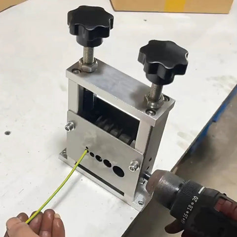 Heavy Duty Wire Stripper Machine Precision Power Tool Attach For Drill Operation, showcasing a wire being fed through a durable alloy frame.