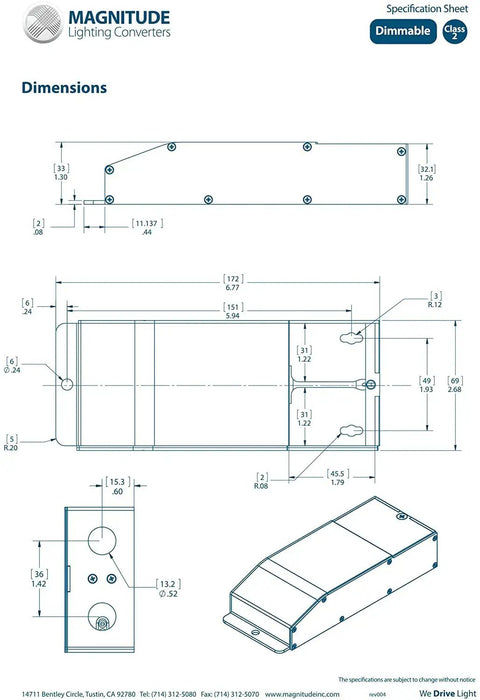 Dimensions schematic of 96W 24V DC Voltage Dimmable Class 2 LED Driver E96L24DC KO Beast Mode Efficiency Powerhouse