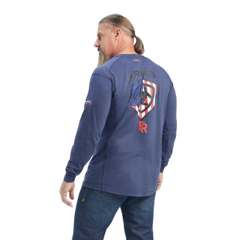 Back view of FR Air Service T Shirt Sage Heather Long Sleeve Crew Neck Tee with center back graphic and straight hem