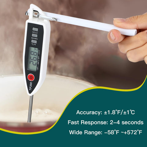 Hand holding a Six Piece Waterproof Digital Food Thermometer Set With Long 9.2 Inch Probes over boiling pot.