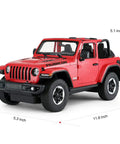 Off Road RC Jeep Wrangler JL 1 To 14 Scale Toy Car With Realistic Doors, Spring Suspension, LED Lights, And 2.4GHz Remote Control, Red Durable Off Road Vehicle For Kids And Adults, Indoor Outdoor Fun is displayed with dimensions highlighted.