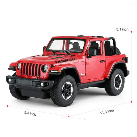 Off Road RC Jeep Wrangler JL 1 To 14 Scale Toy Car With Realistic Doors, Spring Suspension, LED Lights, And 2.4GHz Remote Control, Red Durable Off Road Vehicle For Kids And Adults, Indoor Outdoor Fun is displayed with dimensions highlighted.