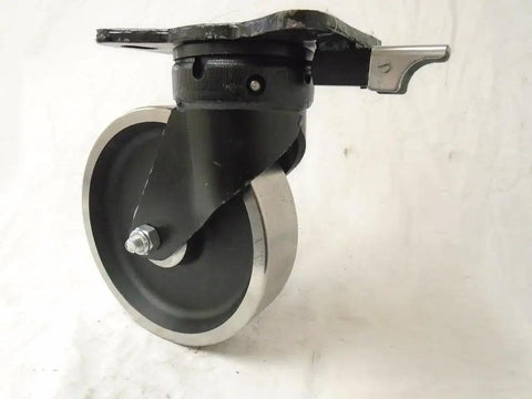 Heavy Duty 8 Inch Forged Steel Dual Wheel Caster Set With Kingpinless Swivel Directional Lock and Rigid Rollers, close-up view.