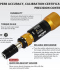 Pro Grade Ultra Precision Torque Limiting Screwdriver For Electronics And Delicate Gear, Adjustable From 0.5 To 6 In-Lbs In 0.05 In-Lb Steps, One Quarter Inch Universal Hex Quick Release Bit Holder, One-Hand Dial For Fast Safe Adjustments with durability features and quick release bit holder.