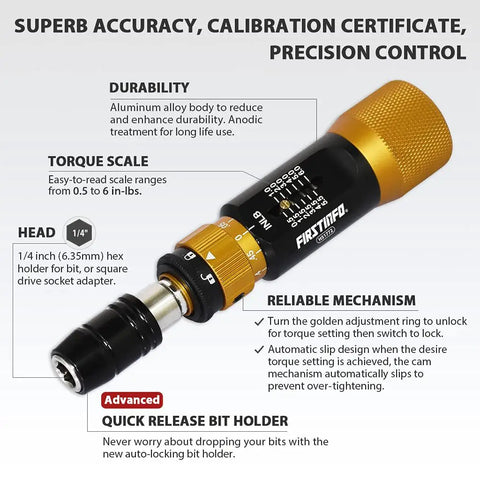 Pro Grade Ultra Precision Torque Limiting Screwdriver For Electronics And Delicate Gear, Adjustable From 0.5 To 6 In-Lbs In 0.05 In-Lb Steps, One Quarter Inch Universal Hex Quick Release Bit Holder, One-Hand Dial For Fast Safe Adjustments with durability features and quick release bit holder.