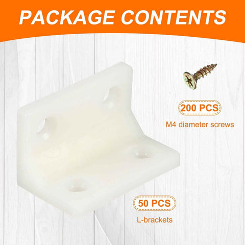 The Real Deal 50 Pack Yellow Large Square L Brackets 1.5 By 0.9 Inch Thick Plastic Corner Braces With Screws Double Duty Gear For Wood Cabinets Shelves And Fence Repairs showing a yellow L-bracket with screws.