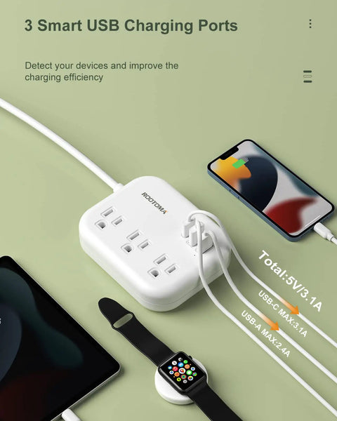 US To Europe Travel Plug Adapter With USB C And Three USB Ports Three Outlets Three Foot Cord White Must Have For Travel