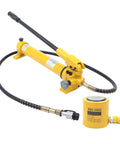 Straight Up Heavy Duty 30 Ton Hydraulic Jack Porta Power Ram Kit With CP 700 Manual Hand Pump Featuring 2 Inch Stroke Mini Cylinder Built Tough Zero Leak Seals Smooth Release Valve Solid Non Slip Handle Yellow with cylinder and hose
