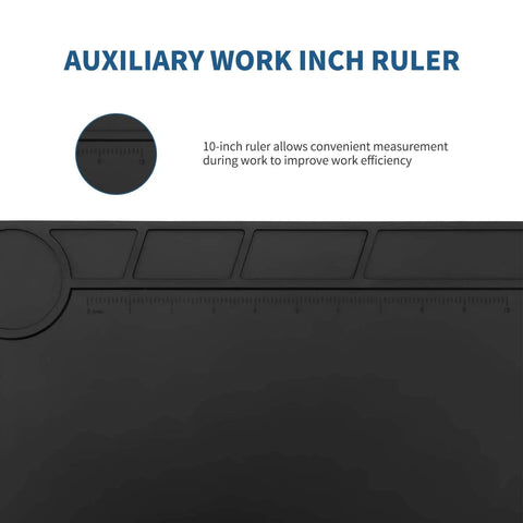Close-up of Black Silicone Soldering Mat For Electronic Repairs showing integrated inch ruler for precise measurements.