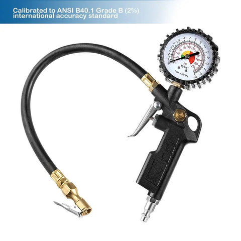 Tire Inflator Deflator Gauge With Two And A Half Inch Dial, Brass Lock On Chuck, 13 Inch Rubber Hose, 0-220 PSI Range, All In One Air Pressure Tool