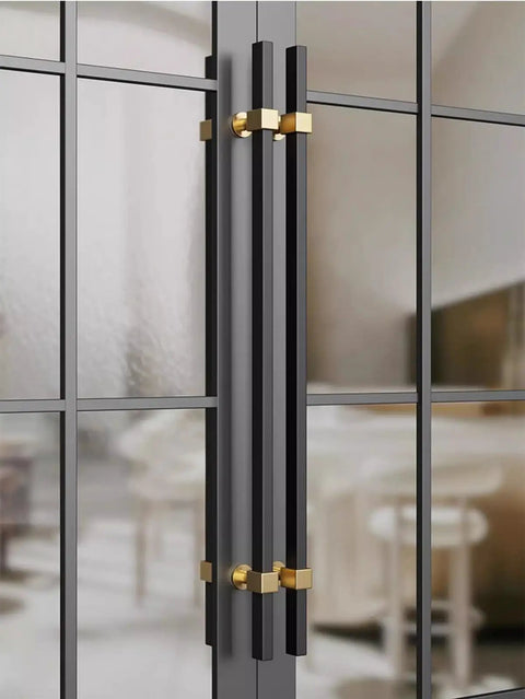 Extra Long Two Sided Pull Door Handle For Interior And Exterior Doors Heavy Duty Stainless Steel Push Pull Bar With Black And Gold Finish 180 Cm Long Dual Access Door Handle For Easy Front And Back Entry installed on glass doors