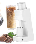Top Shelf Electric Conical Burr Coffee Grinder Single Dose Fresh Roast Mill With Quick Stepless Dialing For Espresso Pour Over Drip And French Press In Clean White next to iced coffee and coffee beans.