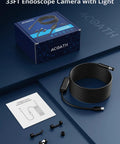 Boxed Dual Lens Endoscope Camera With Light 1920P HD Borescope for iOS and Android, coiled 33ft semi-rigid cable displayed.