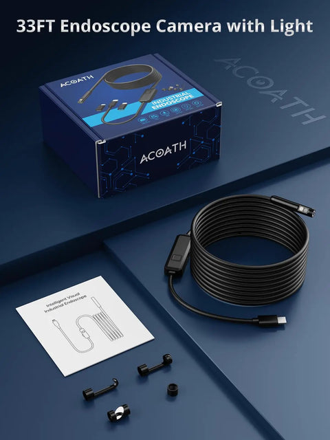 Boxed Dual Lens Endoscope Camera With Light 1920P HD Borescope for iOS and Android, coiled 33ft semi-rigid cable displayed.