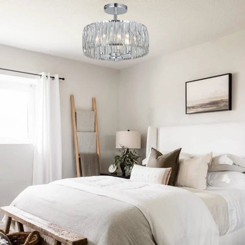 Crystal Drum Ceiling Light Fixture 13 Inch Flush Mount Chandelier With Chrome Finish Glam Crystal Beaded Ceiling Lamp in bedroom