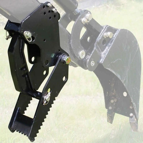 Universal Backhoe Thumb Attachment For Three And A Quarter Inch Boom Width With Heavy Duty Black Powder Coated Steel And Easy Bolt On Installation Compatible With Kubota Woods Mahindra Deere JD Tractors And More shown installed on a backhoe
