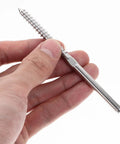 Hand holding lag screw from Cable Railing Kit With Adjustable Tightness Lag Screws Stainless Steel 1 Eighth Inch Cable For Deck And Stair Railing System