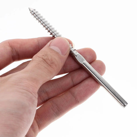 Hand holding lag screw from Cable Railing Kit With Adjustable Tightness Lag Screws Stainless Steel 1 Eighth Inch Cable For Deck And Stair Railing System