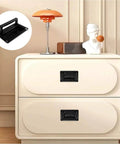 Recessed Flush Pull Handle With Mounting Screws In Black For Deck Hatch And Toolbox 3.74 By 2.36 Inch Zinc Alloy Rust Proof And Corrosion Resistant Easy Install 95 By 60mm With 83.5mm And 48mm Hole Spacing Pack Of 1 By Viongna installed on a white cabinet drawer.
