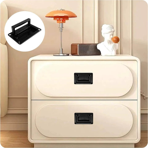Recessed Flush Pull Handle With Mounting Screws In Black For Deck Hatch And Toolbox 3.74 By 2.36 Inch Zinc Alloy Rust Proof And Corrosion Resistant Easy Install 95 By 60mm With 83.5mm And 48mm Hole Spacing Pack Of 1 By Viongna installed on a white cabinet drawer.