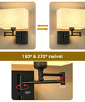 Cozy 9.5 Inch Wall Lamp With USB Port Dimmer Swing Arm Plug In Cord Beige Fabric Shade showing swivel angles