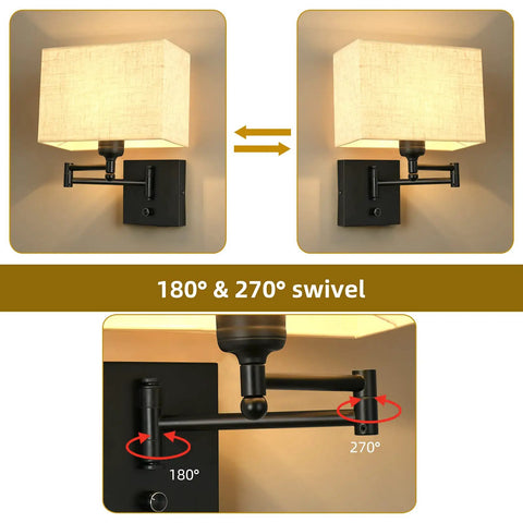 Cozy 9.5 Inch Wall Lamp With USB Port Dimmer Swing Arm Plug In Cord Beige Fabric Shade showing swivel angles