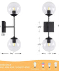 Black Double Wall Sconce Vanity Light With Two White Glass Globes Mid Century Modern Globe Lighting dimensions view