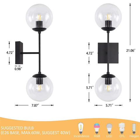 Black Double Wall Sconce Vanity Light With Two White Glass Globes Mid Century Modern Globe Lighting dimensions view