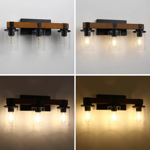 Real Wood Rustic Vanity Light for Farmhouse Bathrooms Over Mirror Three Light Rustic Vanity Lighting With Clear Glass Shades Vintage