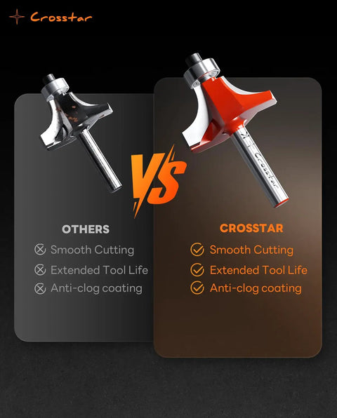 Comparison of Crosstar router bit with smooth cutting and anti-clog coating vs other brands showing features and benefits.