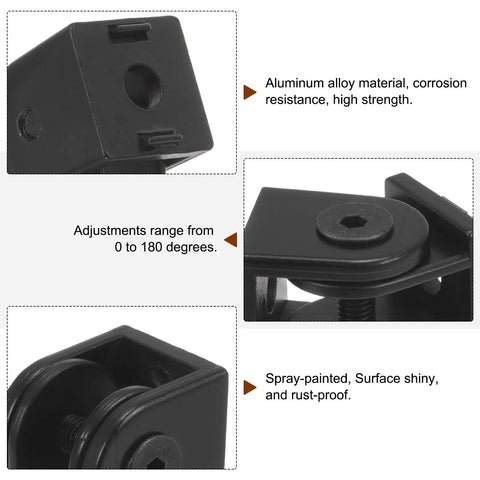 4 Pack Die Cast Aluminum Pivot Joints With 180 Degree Adjustable Flexible Connectors For 2020 Aluminum Extrusion Profile, 6mm Aperture, Black, Durable Zinc Alloy Hinges For DIY Projects, black 0-180° pivot joint close-up
