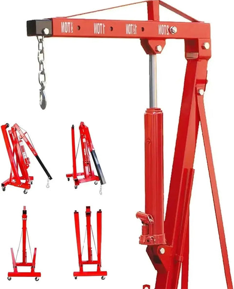Heavy Duty 2 Ton Hydraulic Engine Hoist Folding Shop Cherry Picker Crane 4000lb Motor Lift with red steel frame and hydraulic ram.