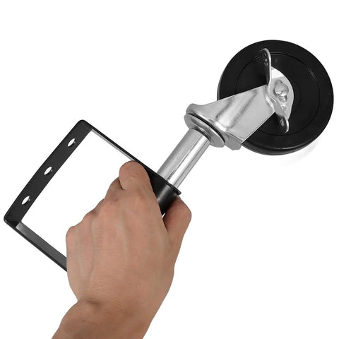Hand holding Beefy Heavy Duty Adjustable Gate Wheel with Rubber Caster and Iron Plate for commercial and residential fence gates