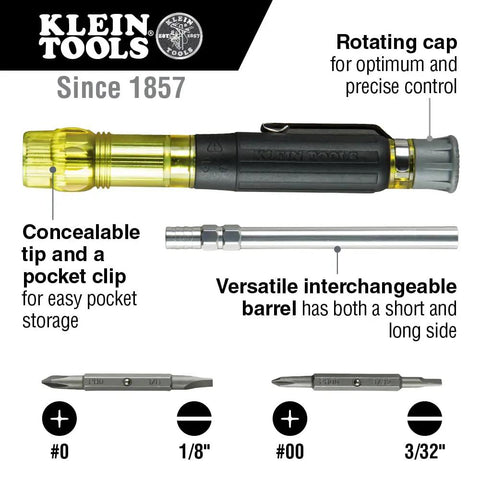 Four In One Electronics Pocket Screwdriver Set With Phillips And Slotted Bits For DIY Tech Repairs Concealable Tip Pocket Clip Spin Cap EDC Everyday Carry Tool For On The Go Fixes in packaging with interchangeable bits visible.